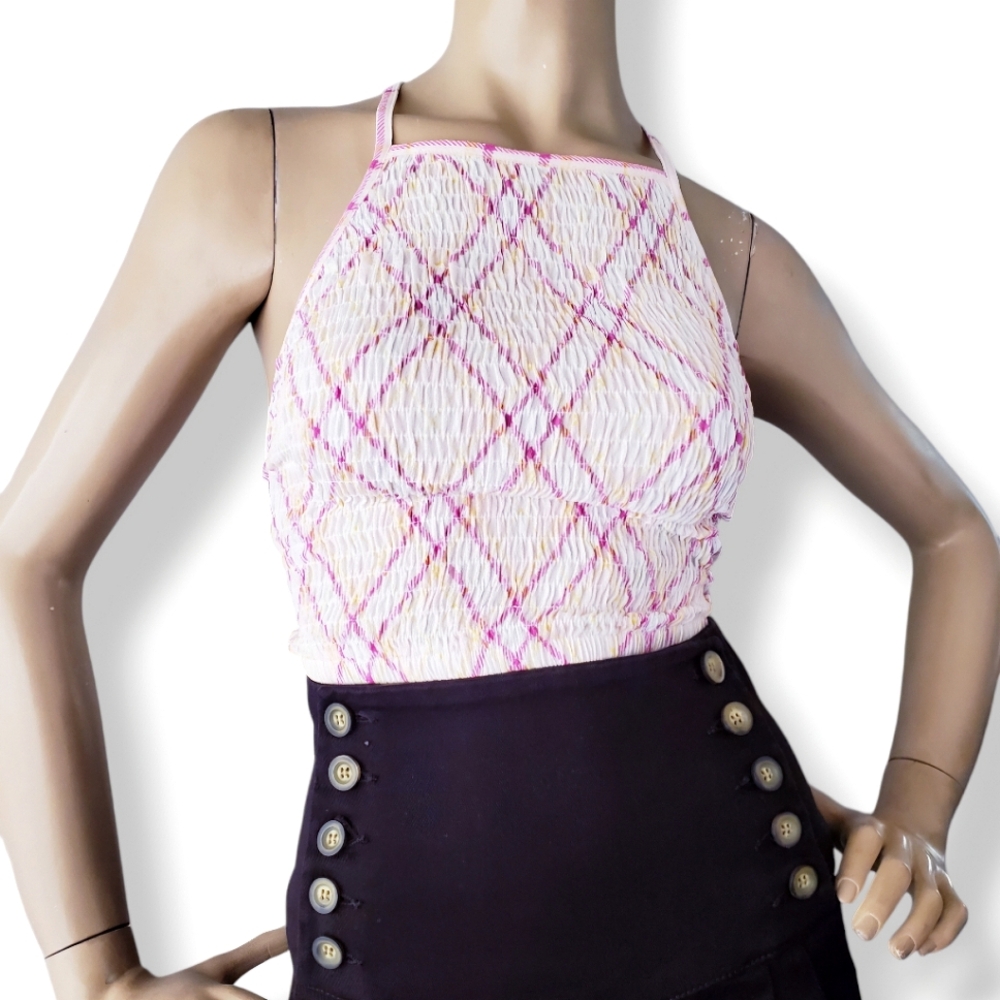 Forever 21 Pink, White & Yellow Smocked & Checkered Back Tie Top
